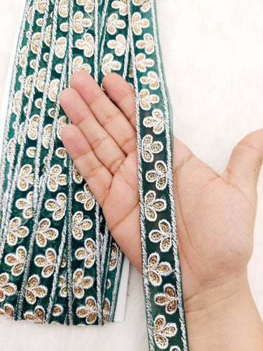 Wholesale Dark Green Net Lace Floral Embroidery & Glitter Gold Sequins, Indian Wedding Border, Gifting Ribbon Costume Trim Fashion Trimming